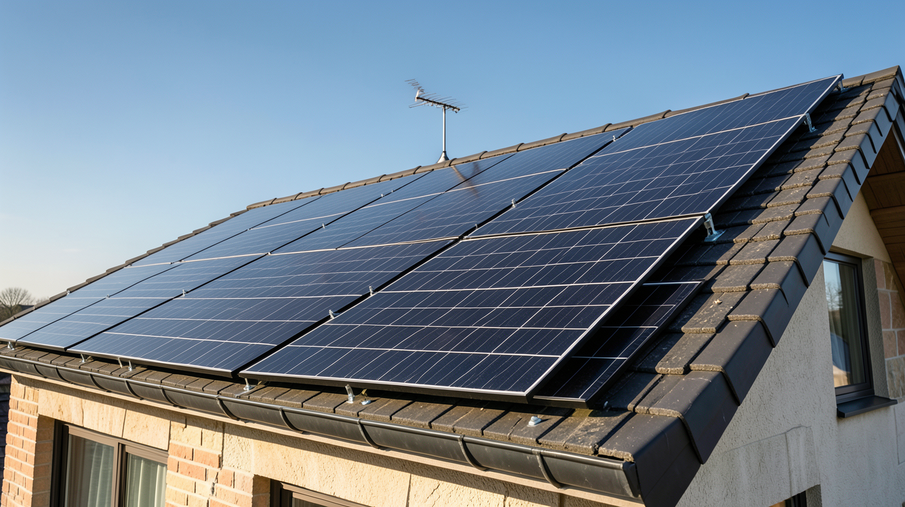 panneau photovoltaique maison individuelle installé sur un toit de maison, calcul de surface et de consommation