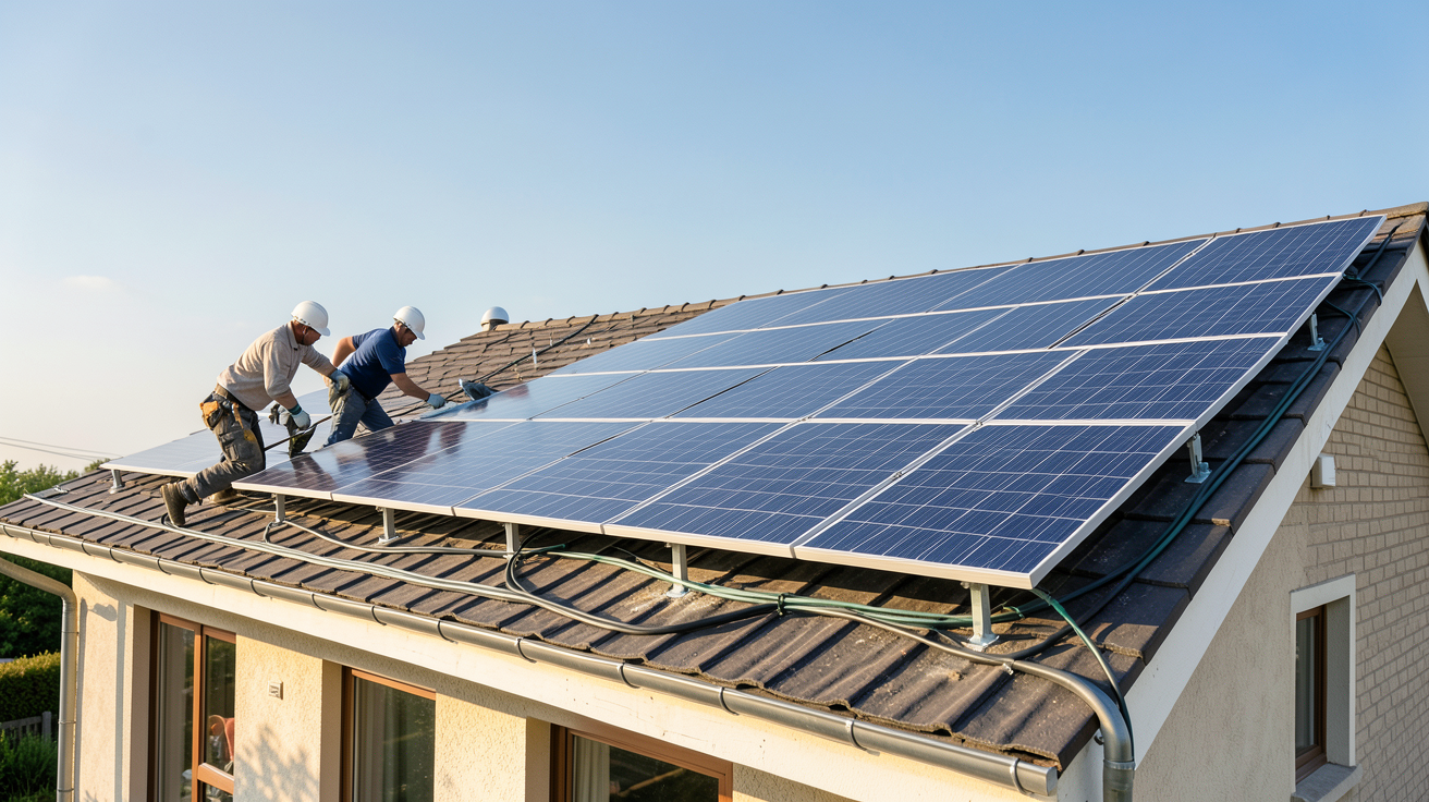 panneau photovoltaïque maison individuelle en cours d'installation sur le toit d'une maison avec des techniciens professionnels