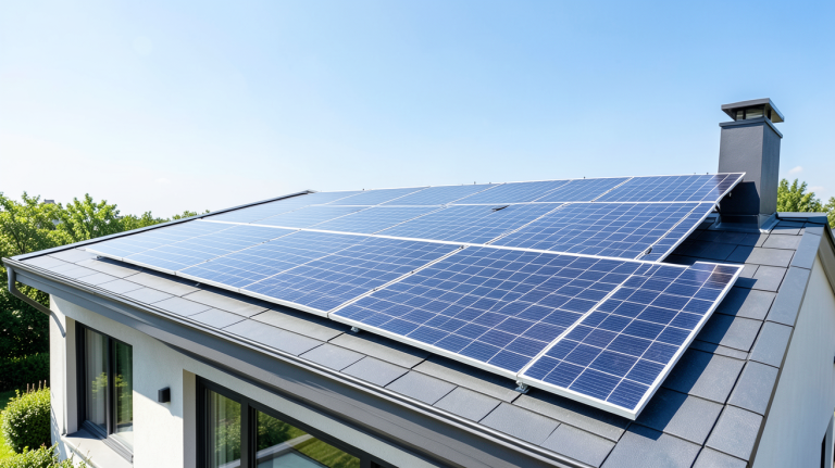 panneau photovoltaique maison individuelle installé sur le toit d'une habitation contemporaine sous le soleil