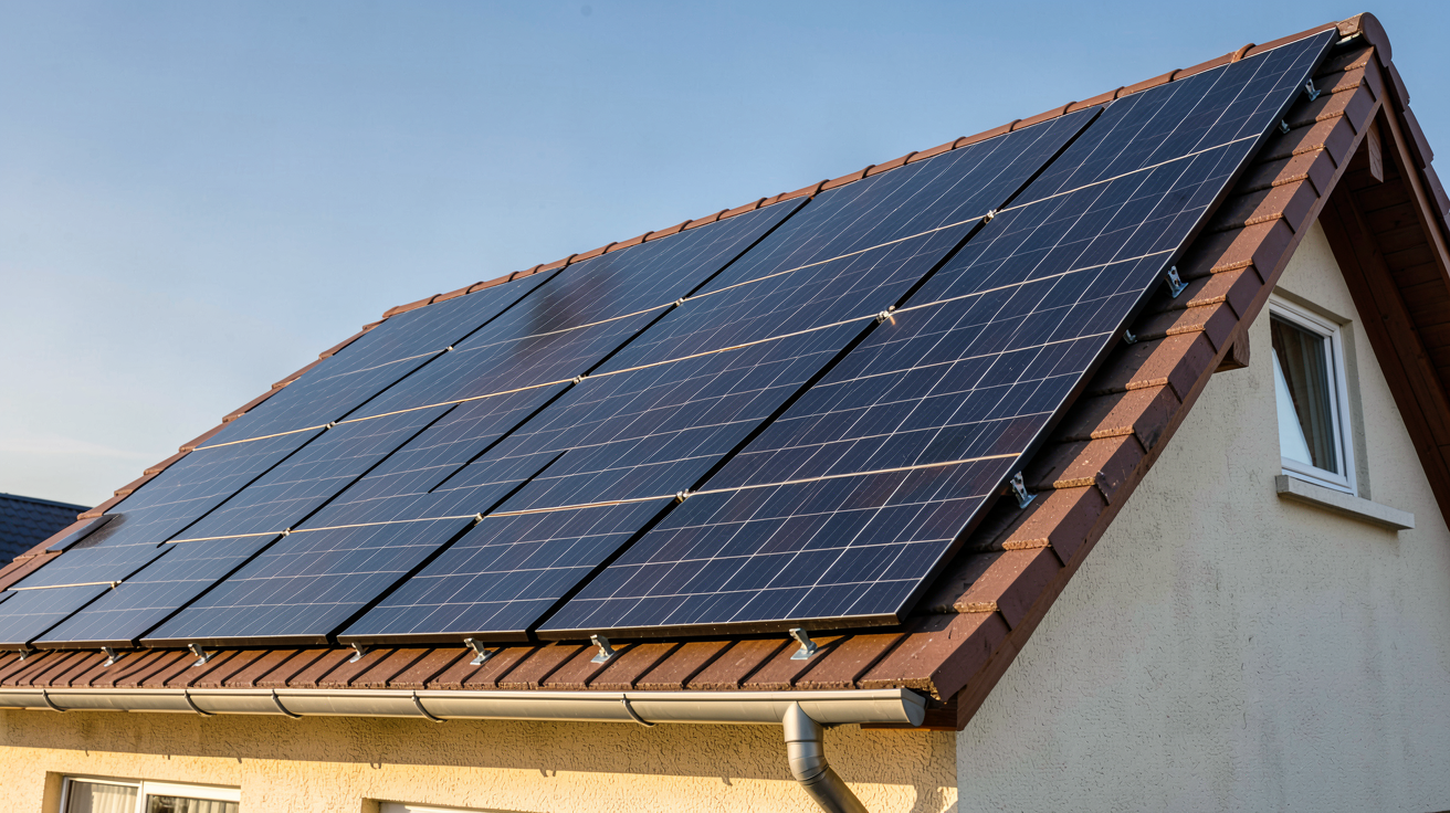 panneau photovoltaïque installé sur le toit d'une maison, illustrant la puissance nécessaire pour une installation