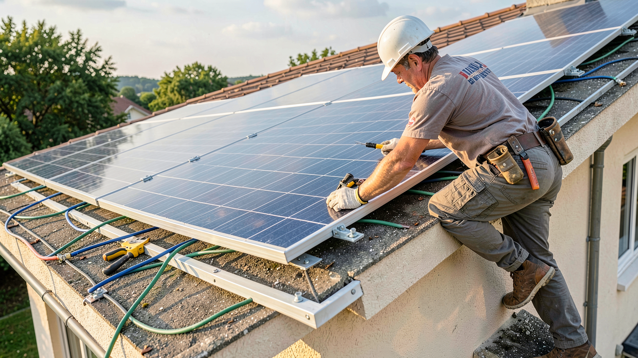 panneau photovoltaïque maison en cours d'installation sur le toit d'une habitation