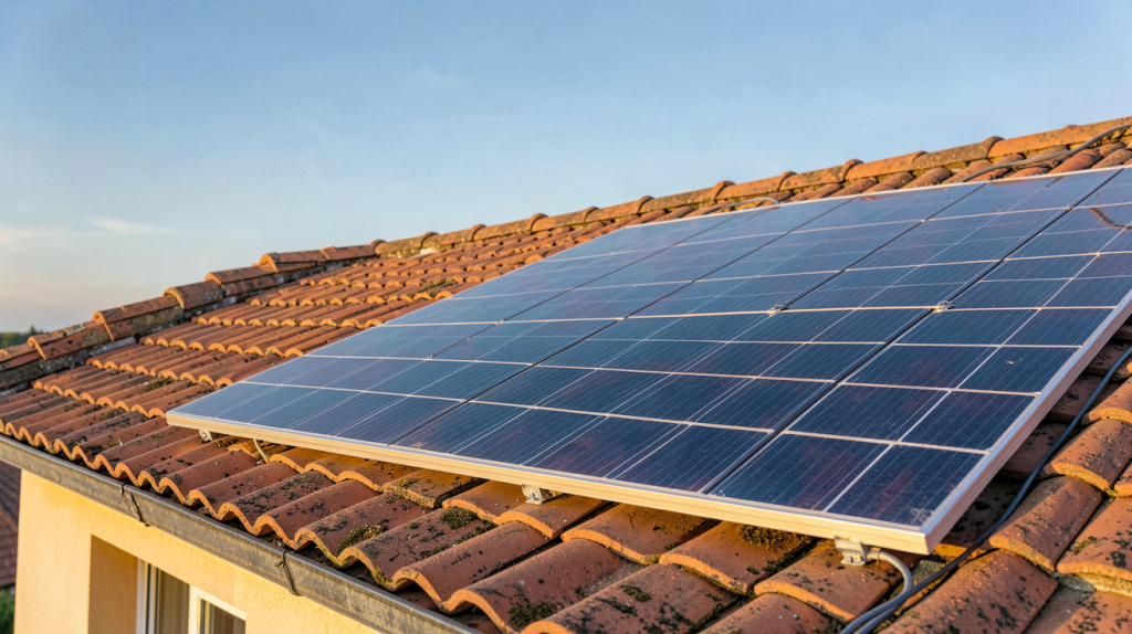 panneau photovoltaïque installé sur le toit en tuiles terre cuite d'une maison individuelle