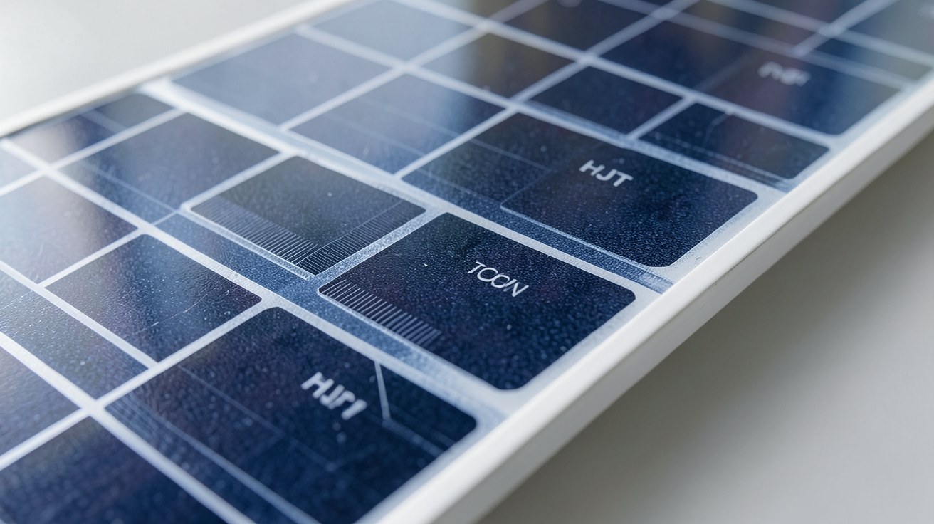 panneau photovoltaïque montrant les matériaux des cellules à haut rendement (TOPCon, HJT, Pérovskite tandem)