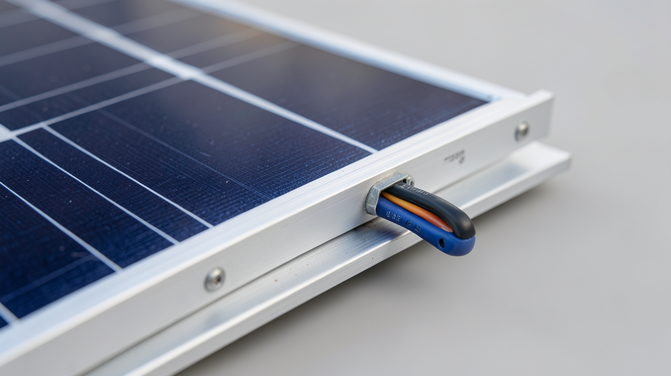 panneau photovoltaïque en gros plan montrant ses matériaux de composition (silicium, cadre en aluminium, câbles de connexion) pour une analyse du cycle de vie
