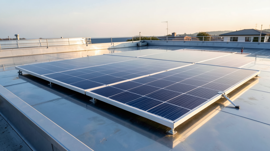 panneau photovoltaïque en silicium monocristallin posé sur un toit plat avec des matériaux réfléchissants