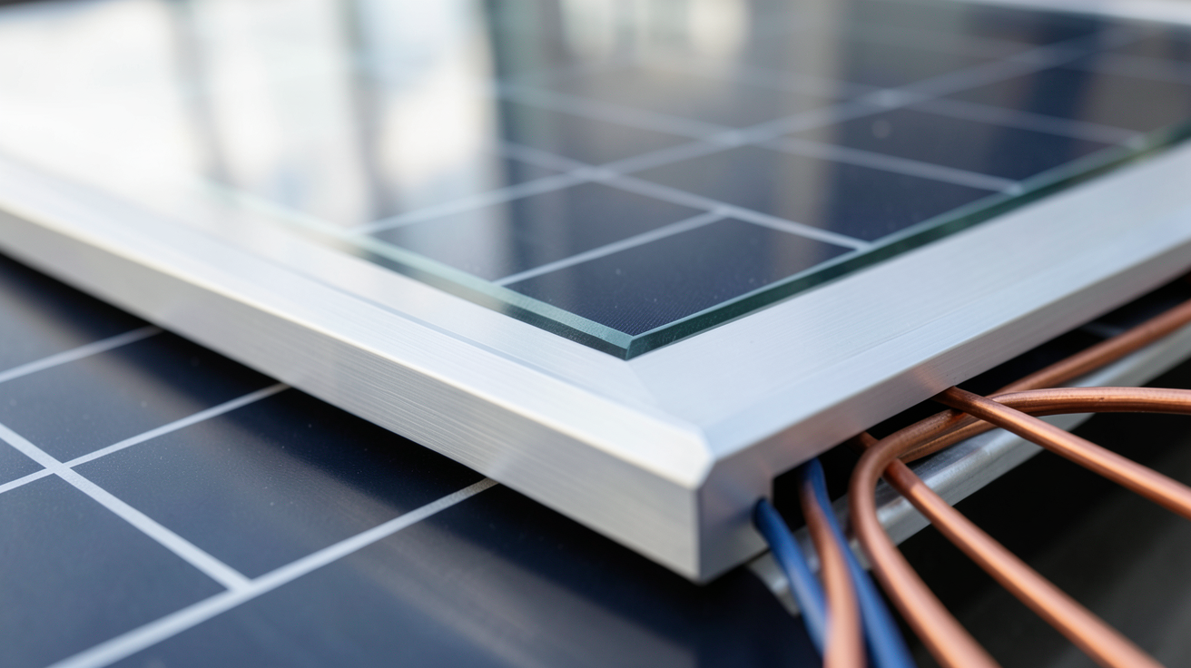 panneau photovoltaïque traditionnel montrant les matériaux de base : cellules en silicium, cadre en aluminium et verre trempé
