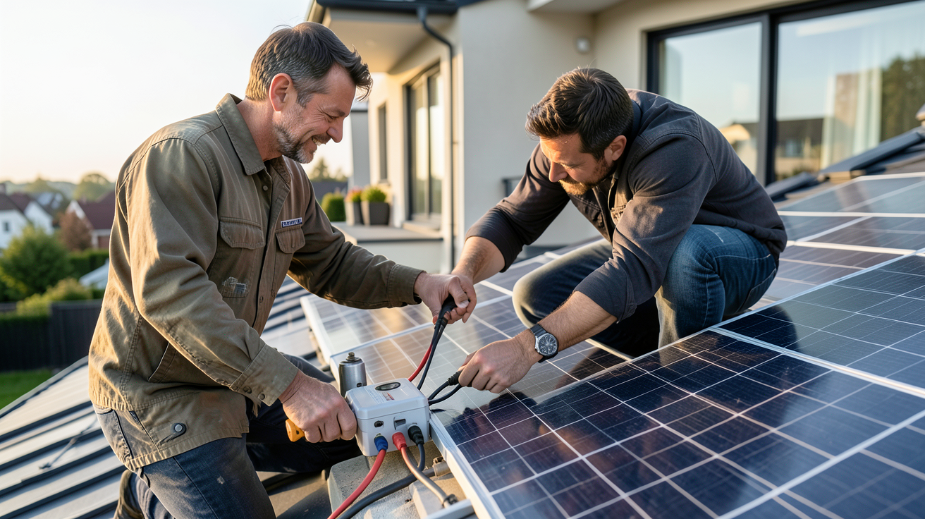 panneau photovoltaïque avec micro-onduleur en cours d'installation sur une toiture