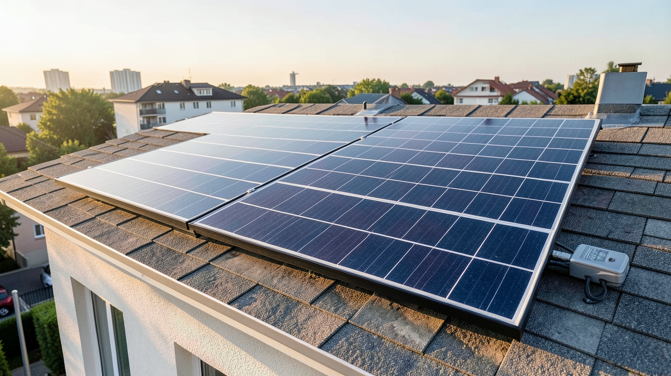 panneau photovoltaïque équipé d'un micro-onduleur installé sur un toit de maison résidentielle