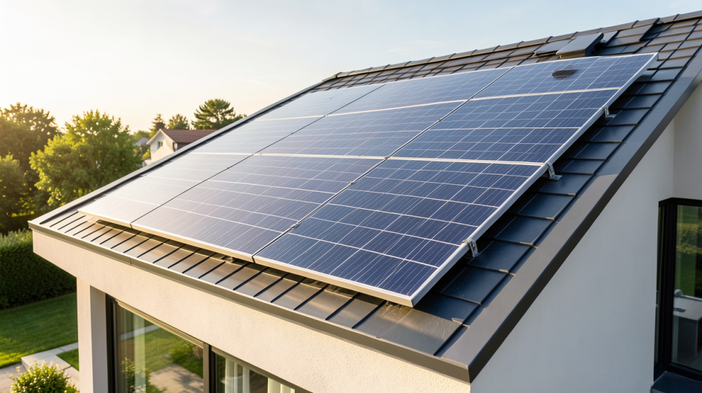 panneau photovoltaique micro onduleur installé sur le toit d'une maison moderne, captant la lumière du soleil