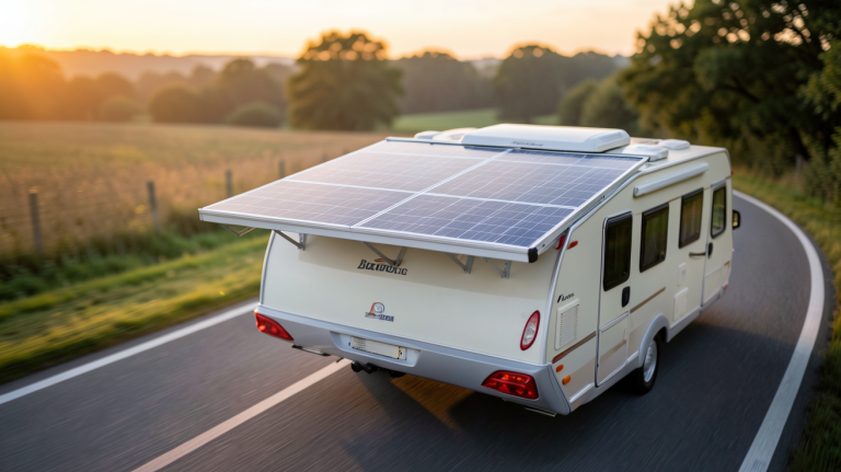 panneau photovoltaïque mobile installé sur le toit d'un camping-car en route