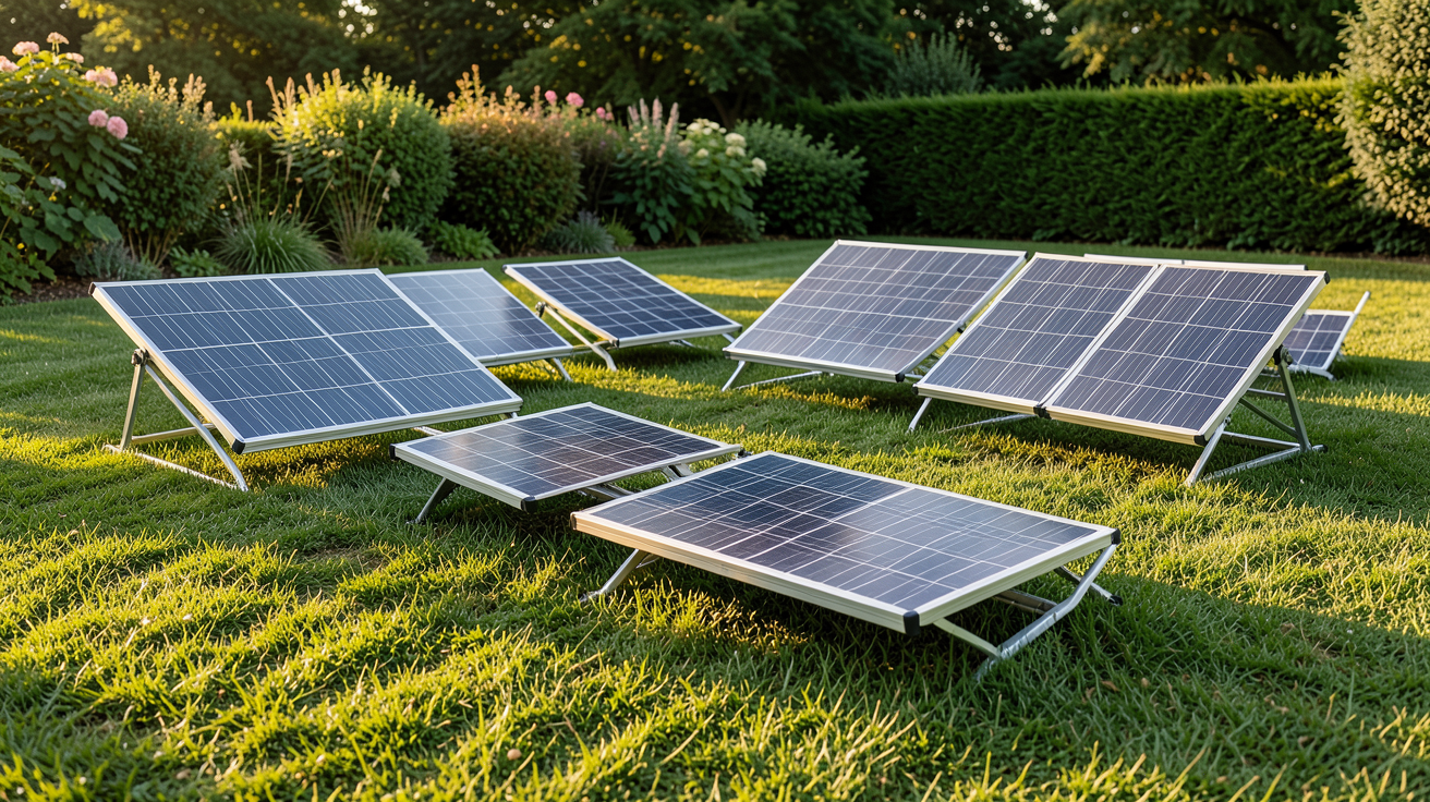 panneau photovoltaïque mobile différents types disposés en extérieur sur une pelouse