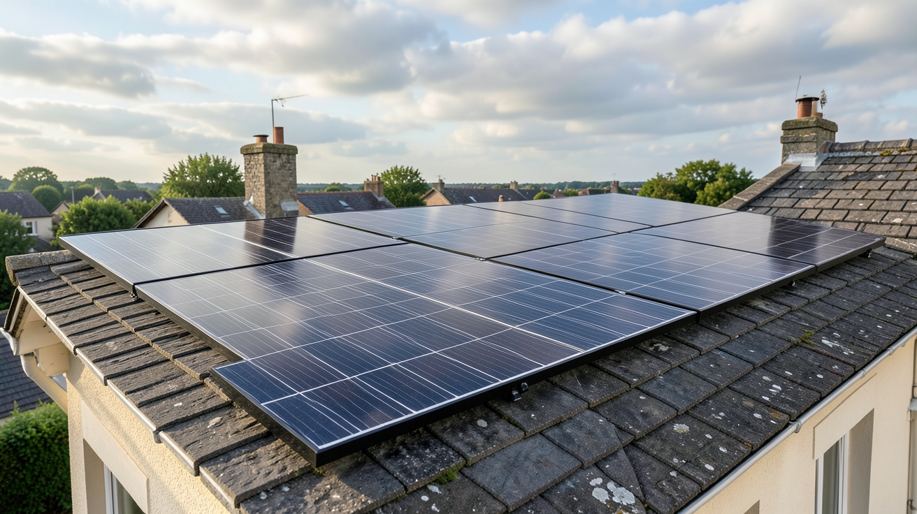 panneau photovoltaïque monocristallin noir installé sur un toit de maison en France adapté au climat tempéré