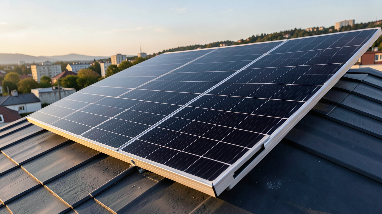 panneau photovoltaïque monocristallin noir installé sur un toit incliné