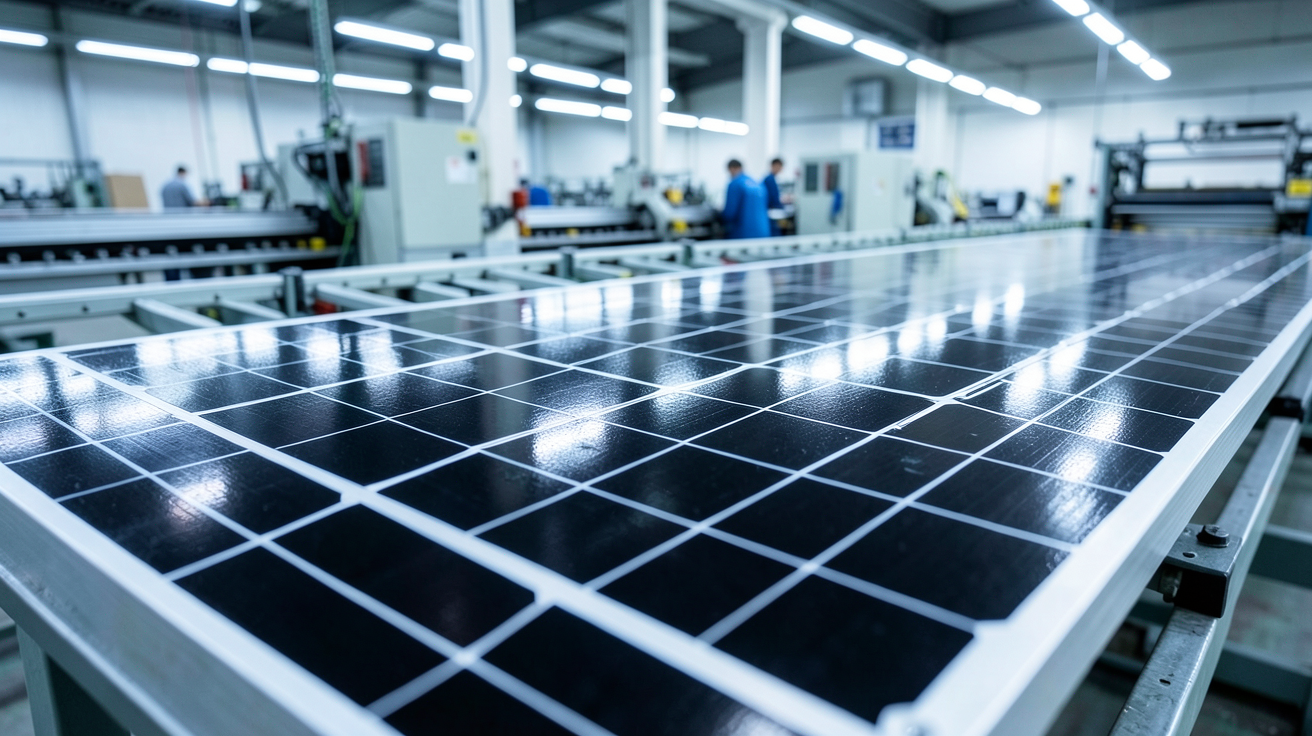panneau photovoltaïque monocristallin en cours de fabrication avec cellules de silicium noir alignées
