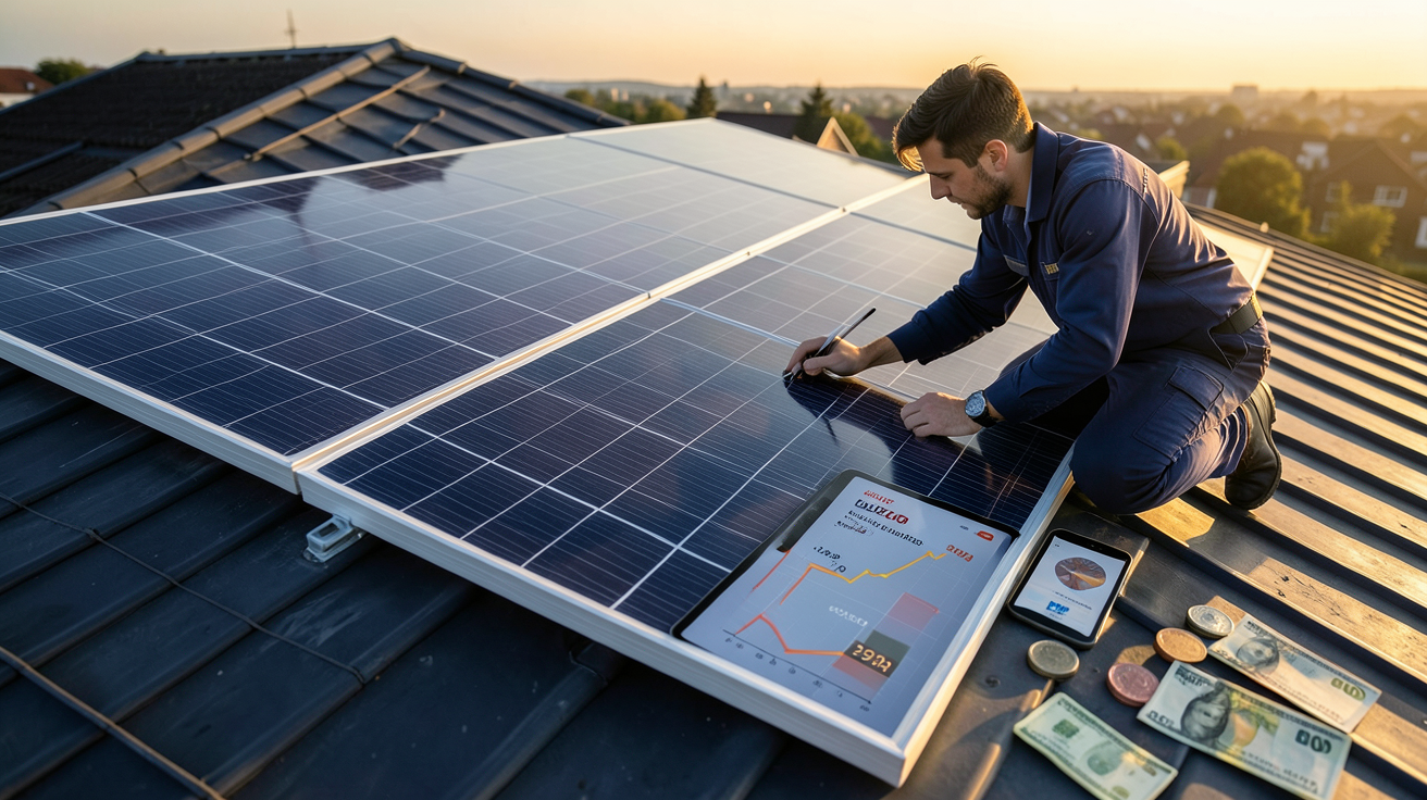panneau photovoltaïque monocristallin posé sur un toit avec des éléments illustrant les facteurs influençant son prix