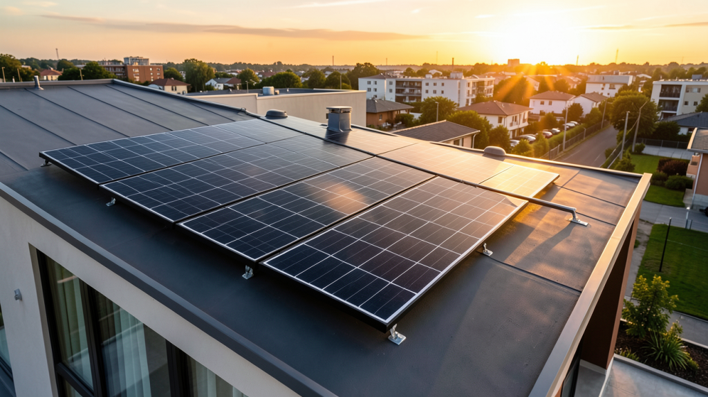 panneau photovoltaïque monocristallin noir installé sur le toit d'une maison moderne
