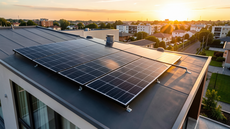 panneau photovoltaïque monocristallin noir installé sur le toit d'une maison moderne