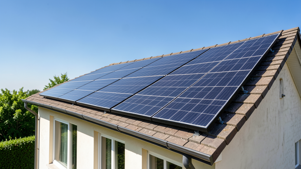 panneau photovoltaïque monocristallin installé sur le toit d'une maison en été avec un ciel bleu dégagé