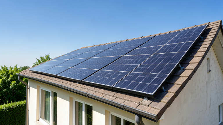 panneau photovoltaïque monocristallin installé sur le toit d'une maison en été avec un ciel bleu dégagé