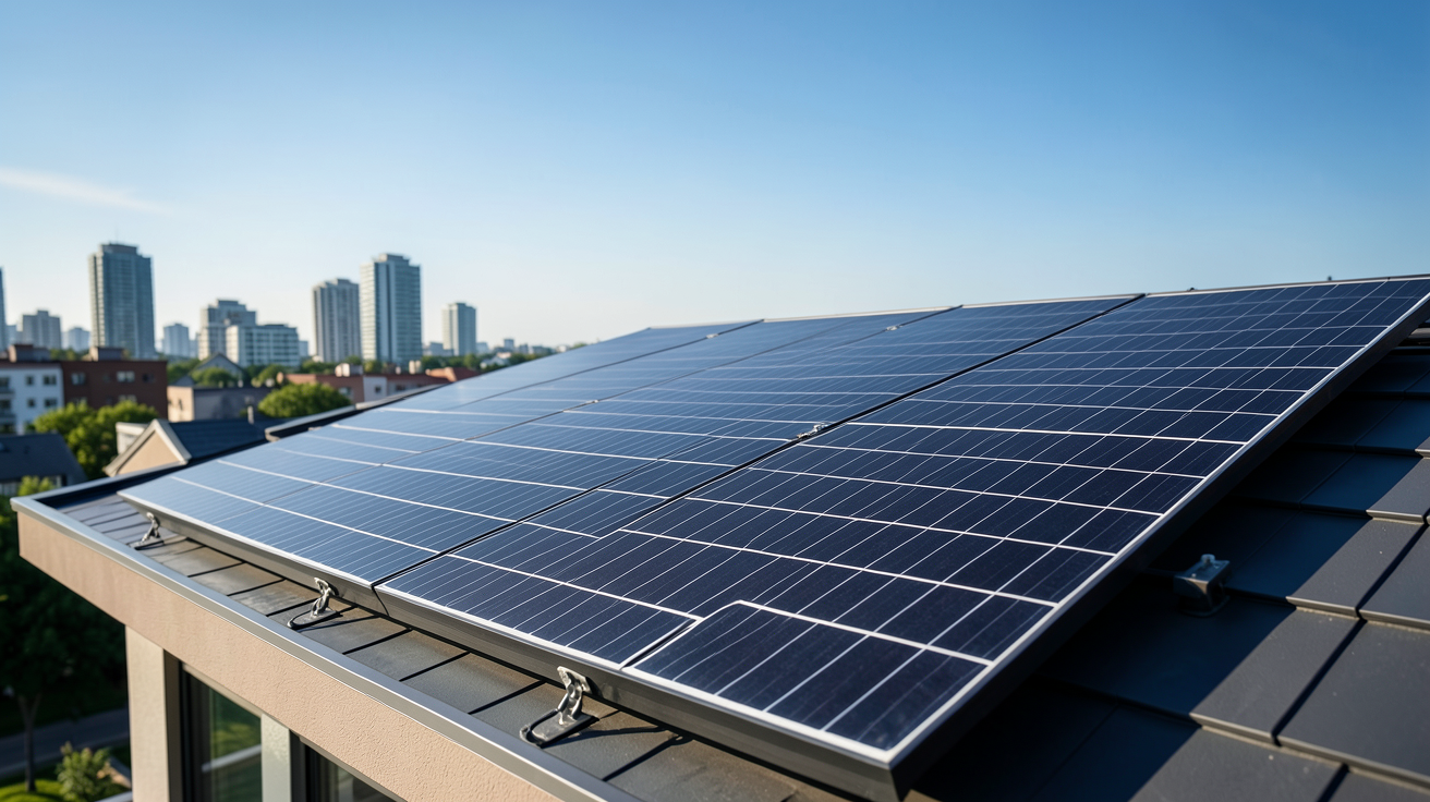 panneau photovoltaïque monocristallin noir installé sur le toit d'une maison urbaine moderne
