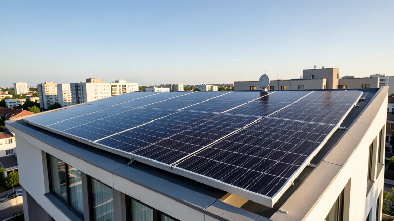 panneau photovoltaïque monocristallin noir installé sur le toit d'une maison urbaine moderne