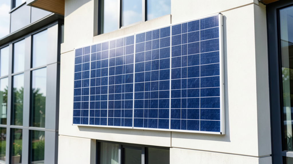 panneau photovoltaique mural installé sur la façade d'un immeuble moderne, capturé en haute résolution