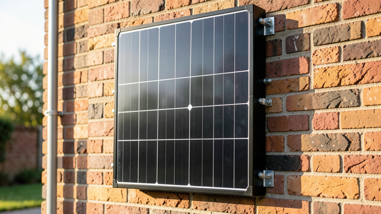 panneau photovoltaïque mural fixé sur un mur en brique avec des fixations métalliques conformes aux normes