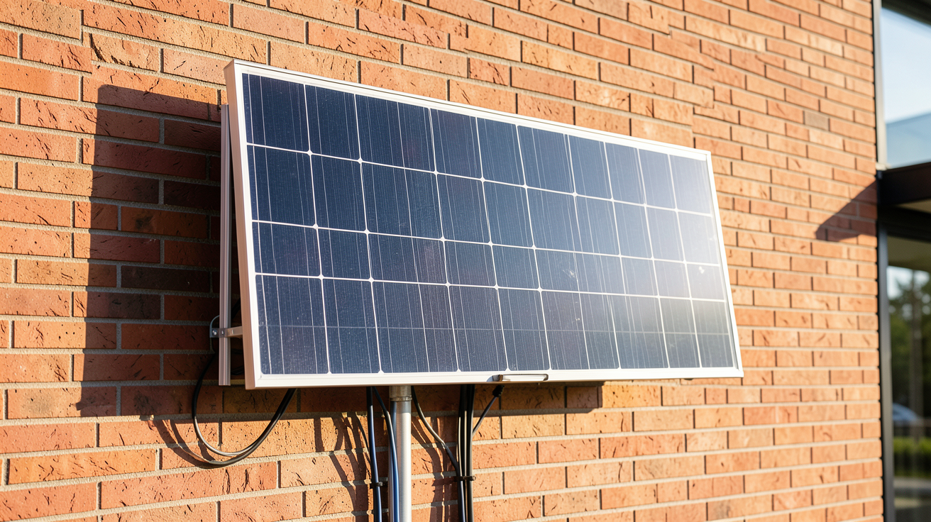 panneau photovoltaïque mural installé sur une façade de maison contemporaine en brique rouge