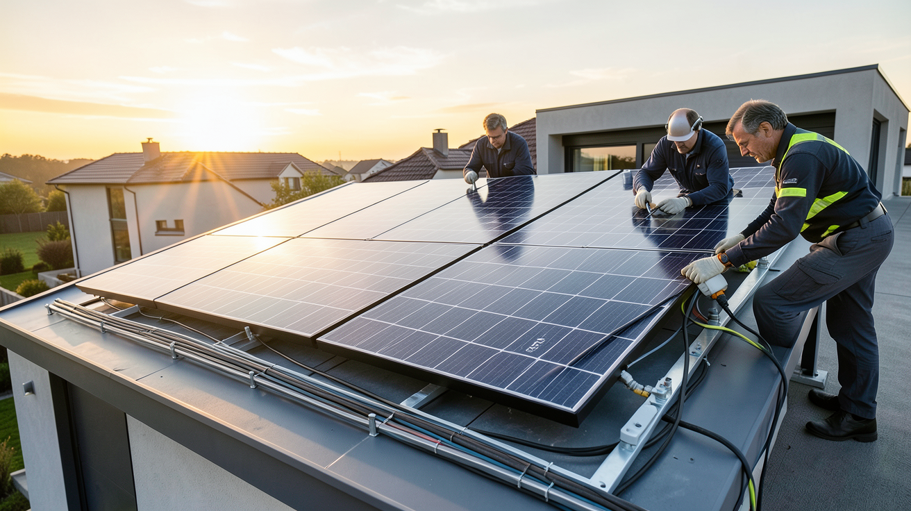 panneau photovoltaïque MyLight installé sur le toit d'une maison contemporaine avec techniciens en action