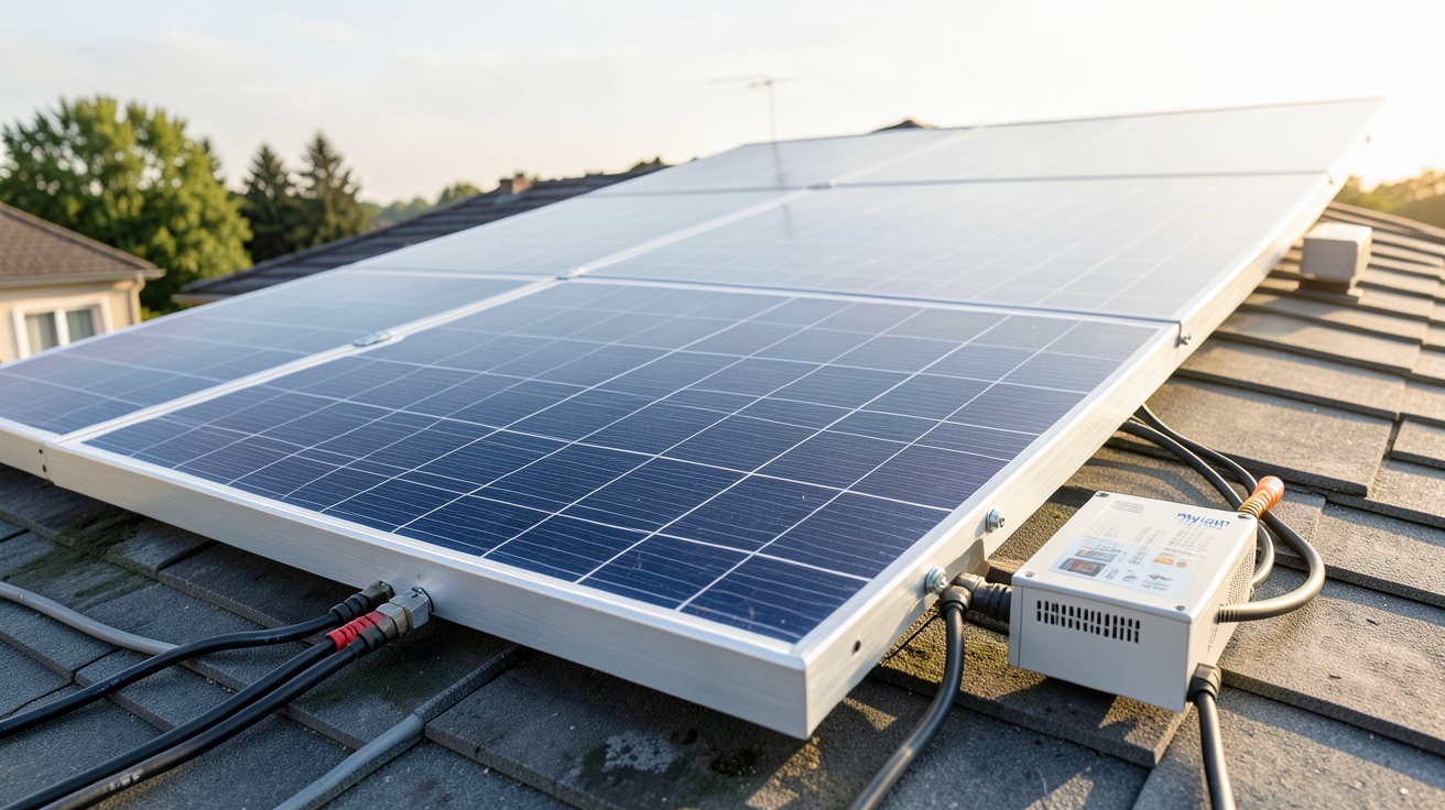panneau photovoltaïque MyLight Systems installé sur un toit de maison avec onduleur et câbles visibles