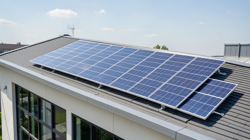 panneau photovoltaique mylight installé sur le toit d'un bâtiment moderne, capturé en haute résolution