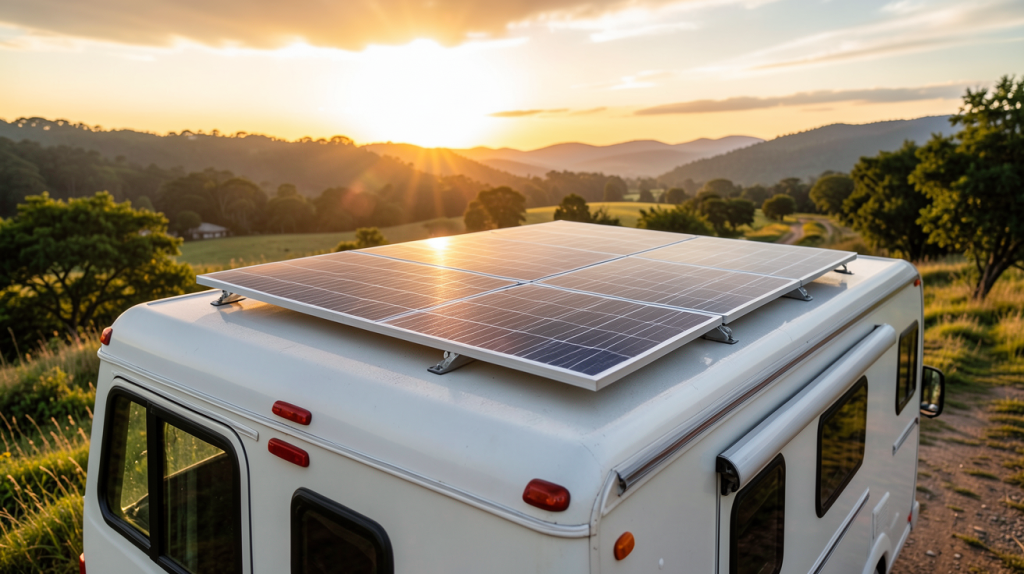 panneau photovoltaïque nomade installé sur le toit d'un camping-car en pleine nature
