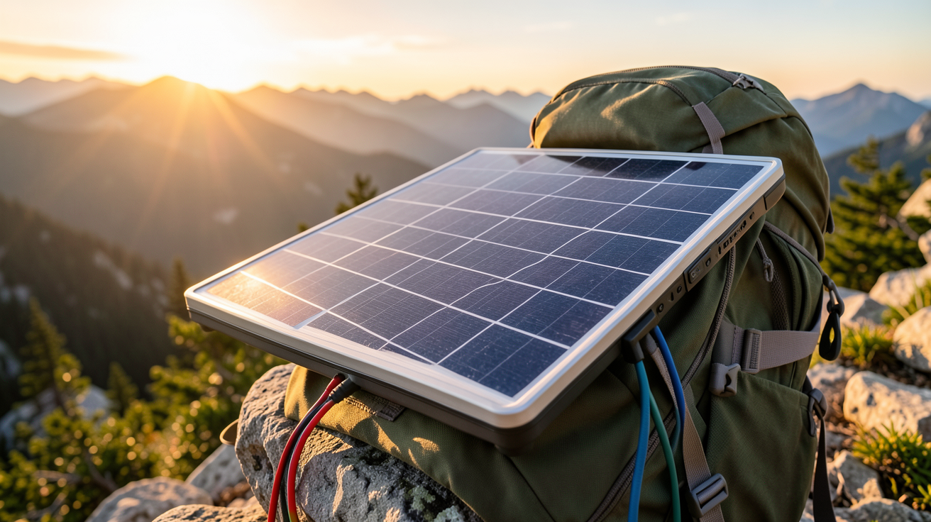 panneau photovoltaïque nomade fixé sur un sac à dos de randonneur en montagne au coucher du soleil