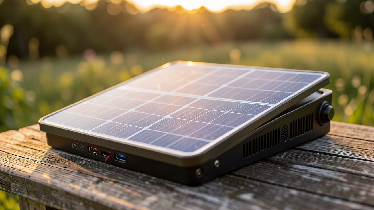 panneau photovoltaïque nomade posé sur une table en bois en extérieur, idéal pour les critères de sélection