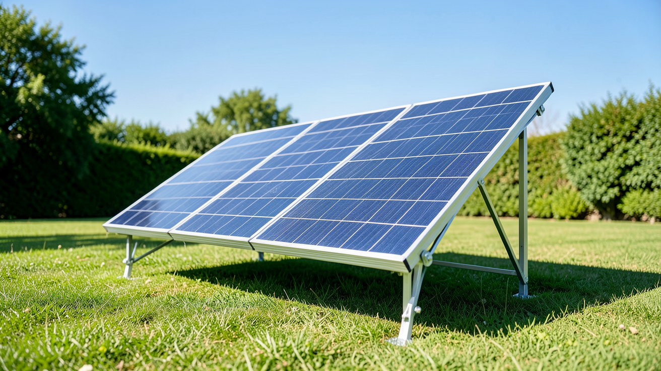 panneau photovoltaïque nomade installé sur un support pliable en aluminium sur une pelouse ensoleillée
