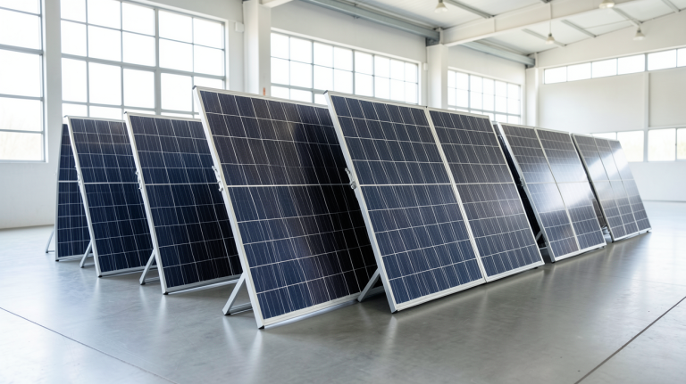 panneau photovoltaique occasion aligné dans un entrepôt de stockage professionnel