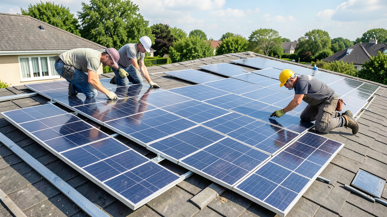 panneau photovoltaique occasion installation d’un panneau photovoltaïque d’occasion sur un toit, technicien vérifiant les fixations et l’état des panneaux