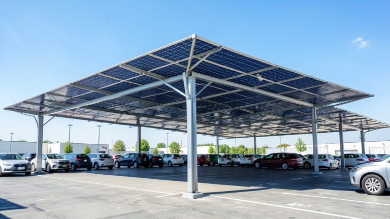 panneau photovoltaique ombriere installé au-dessus d'une zone de stationnement pour voitures.