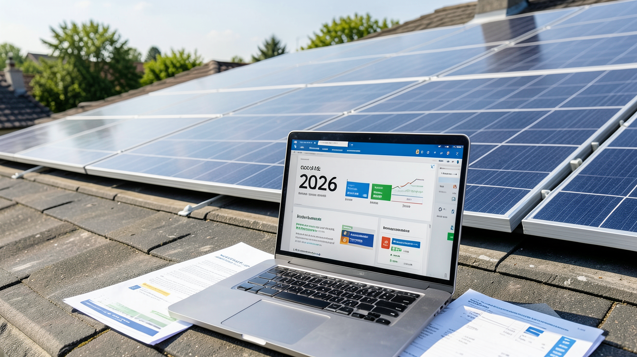 panneau photovoltaique ombriere installé sur un toit, avec des documents montrant le coût d'installation 2026, les aides financières et le retour sur investissement