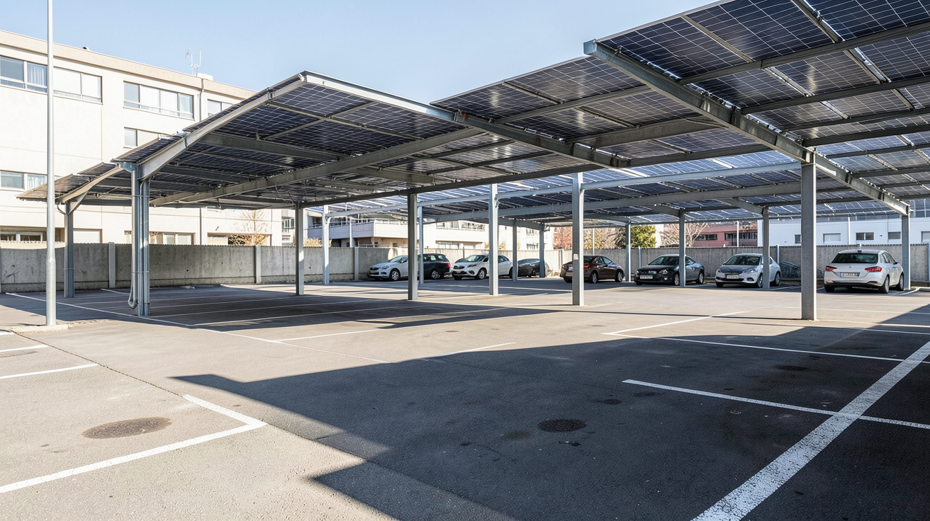 panneau photovoltaique ombriere installé dans un parking, montrant les obligations légales et sanctions prévues en 2026
