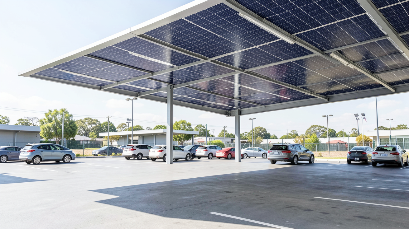 panneau photovoltaique ombriere montrant une structure solaire couvrant un parking avec des panneaux photovoltaïques