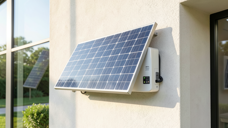 panneau photovoltaïque connecté à un onduleur installé sur le mur extérieur d'une maison moderne