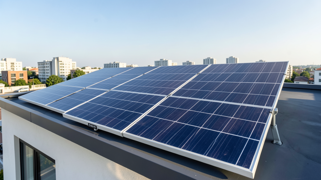 panneau photovoltaïque avec onduleur intégré installé sur le toit d'une maison urbaine moderne