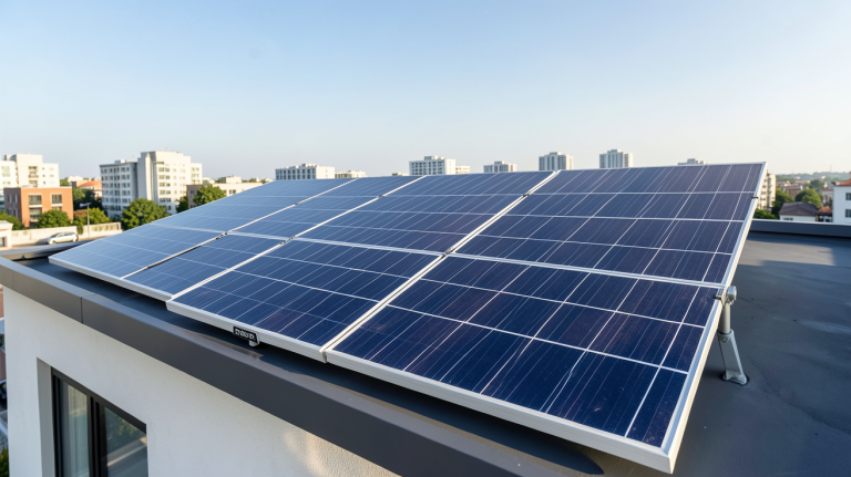 panneau photovoltaïque avec onduleur intégré installé sur le toit d'une maison urbaine moderne