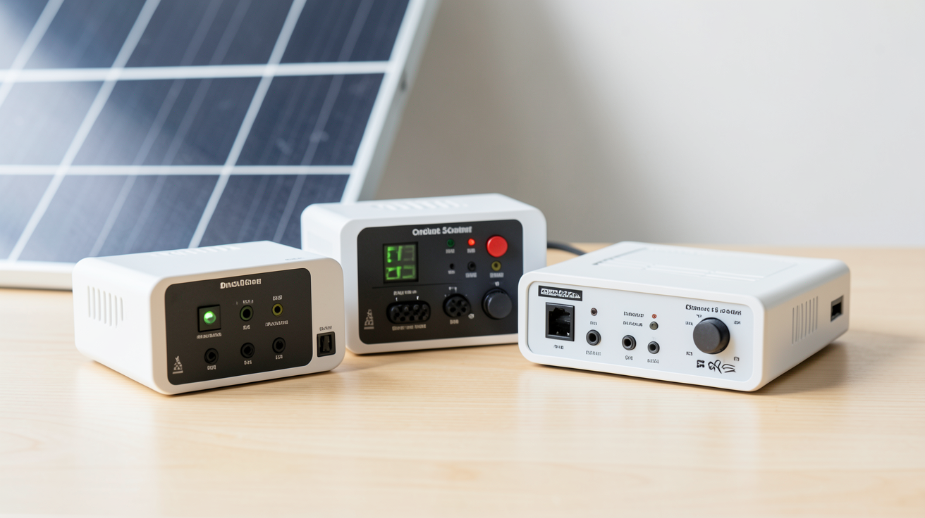 panneau photovoltaïque et différents types d'onduleurs solaires posés sur une table en bois