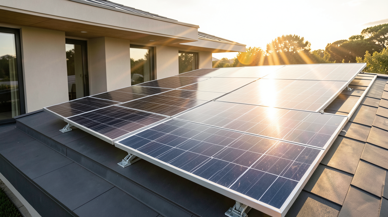 panneau photovoltaïque orientable installé sur le toit d'une maison moderne illustrant les gains de production énergétique