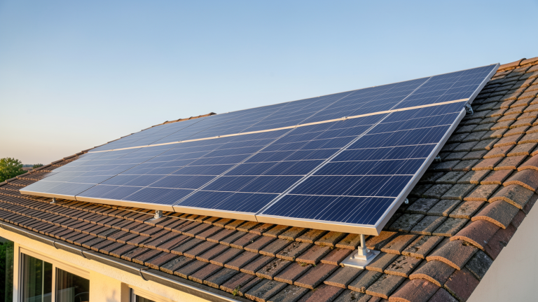 panneau photovoltaïque orientable installé sur le toit d'une maison résidentielle ensoleillée