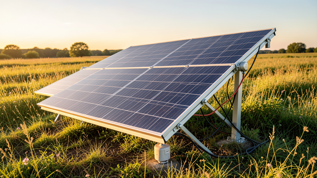 panneau photovoltaïque orientable (tracker solaire) en fonctionnement dans un champ ensoleillé