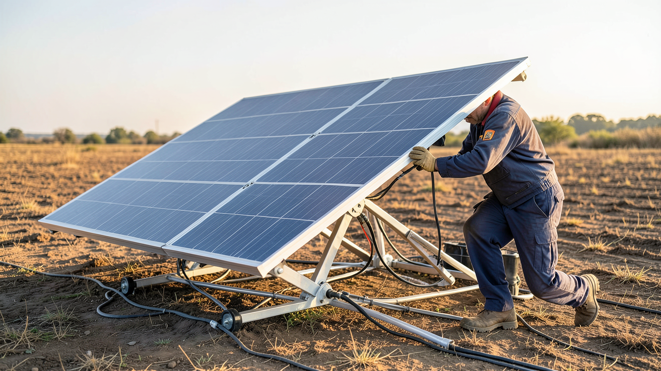 panneau photovoltaïque orientable (tracker solaire) en cours d'installation par un technicien