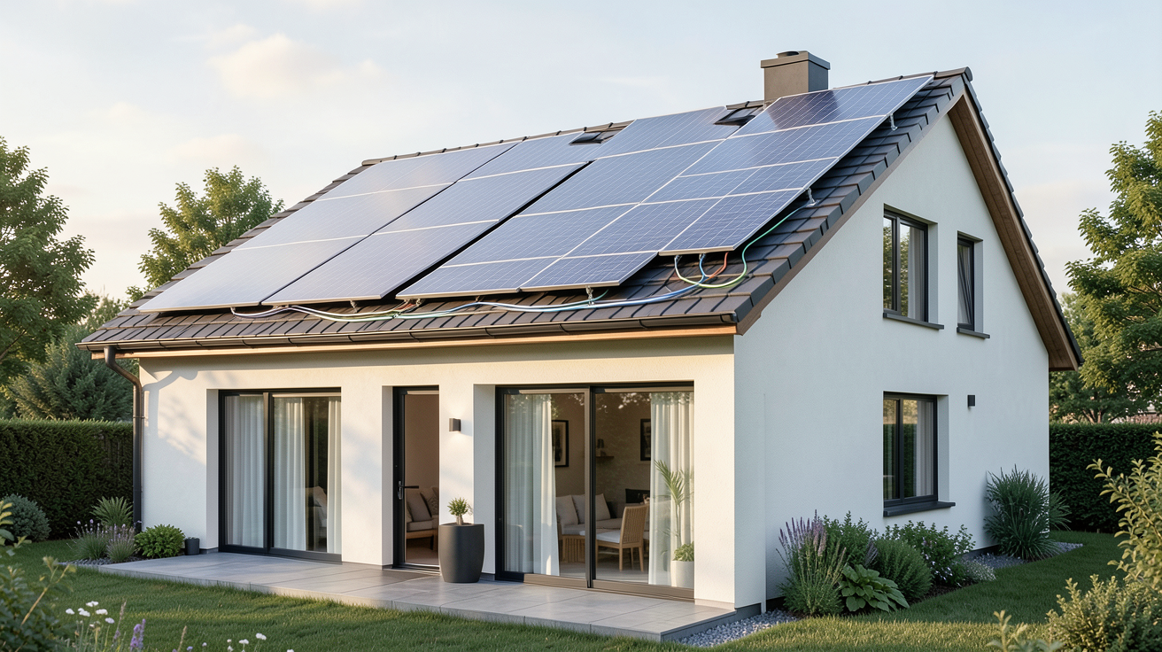 panneau photovoltaique ou solaire maison équipée de panneaux solaires avec flux d'énergie vers l'autoconsommation et la revente totale